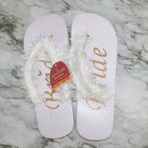HAND CRAFTED Bride Flip Flops Padded Thong Crochet Faux Fur Eyelash White Shoes